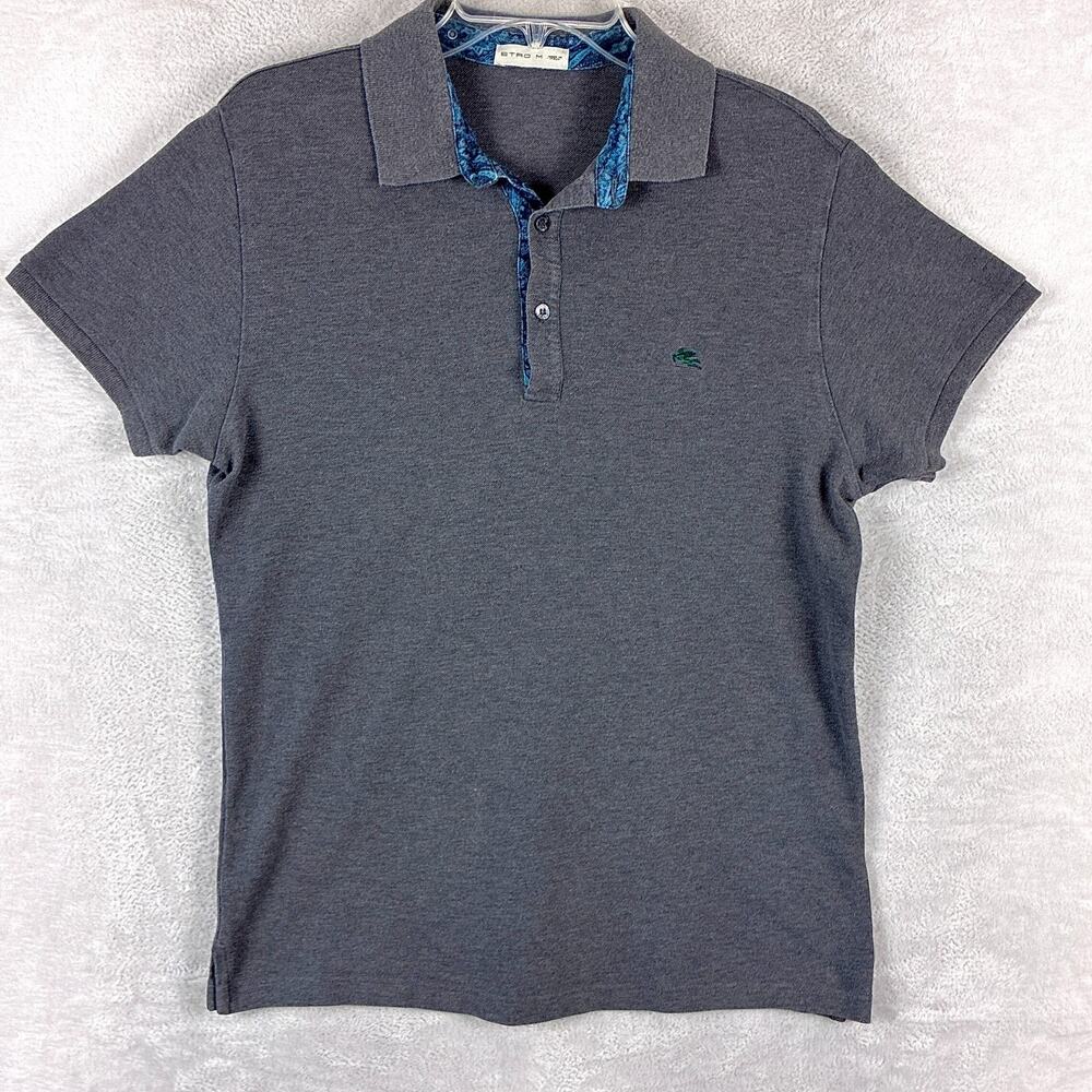 Etro Polo Shirt Mens M Gray Embroidered Stretch Luxury Preppy Golf Italy Y2K